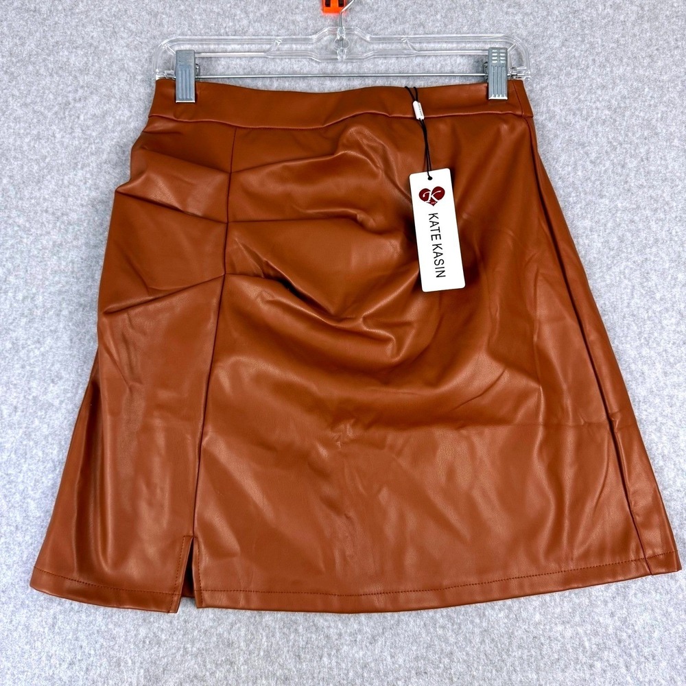 NWT Faux Leather Mini Skirt Women's S Cognac Ruched Moto Biker Kate Kasin